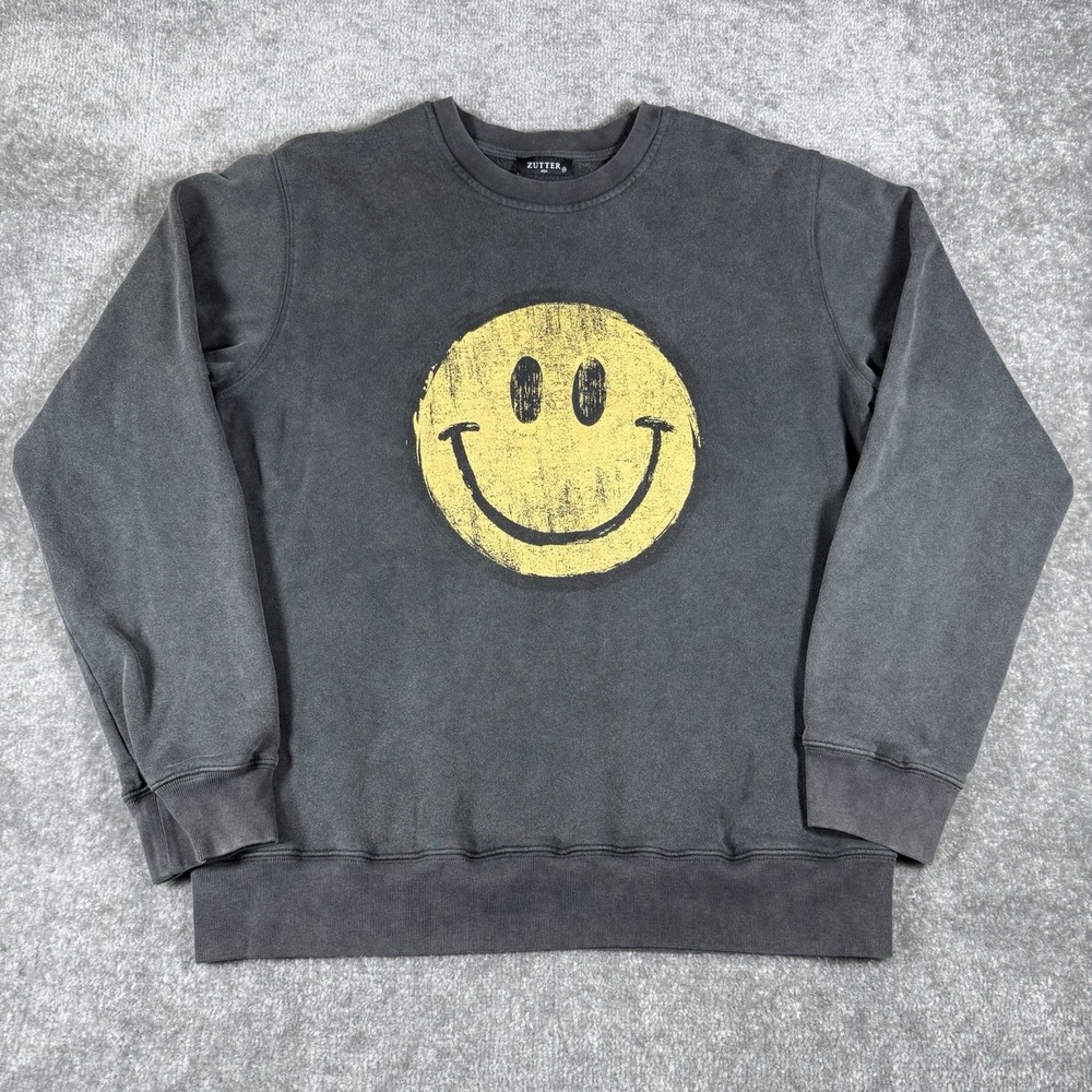 Zutter‎ USA Sweatshirt Women's Medium Washed Black Crew Neck Smiley Face